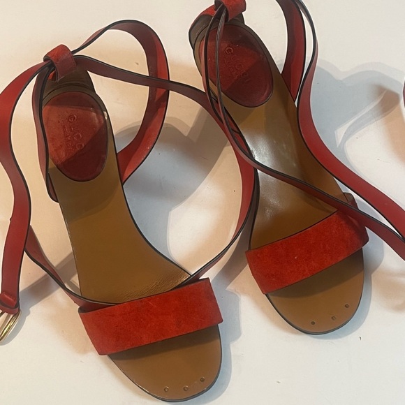 Gucci Authentic 7 US 37 EU Red Orange Leather GG Marmont Sandals Shoes Heels - Picture 10 of 14